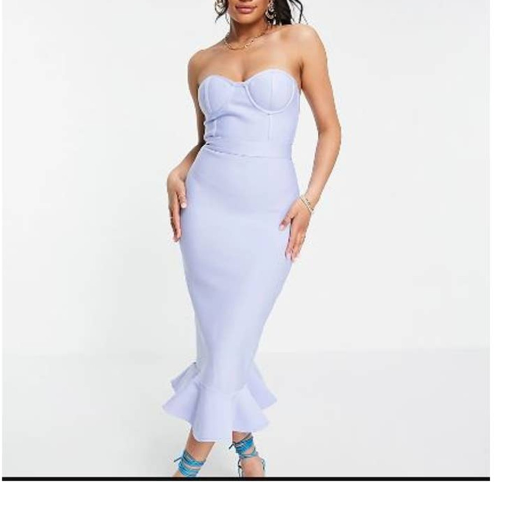 NWT Band of Stars Womens Bandage Bandeau Midi Dress Ruffle Hem Size S Blue